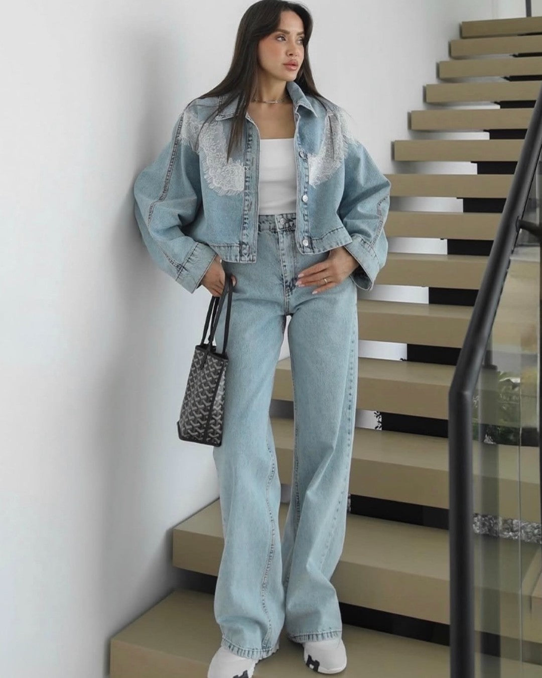 Lace Detail Denim Set