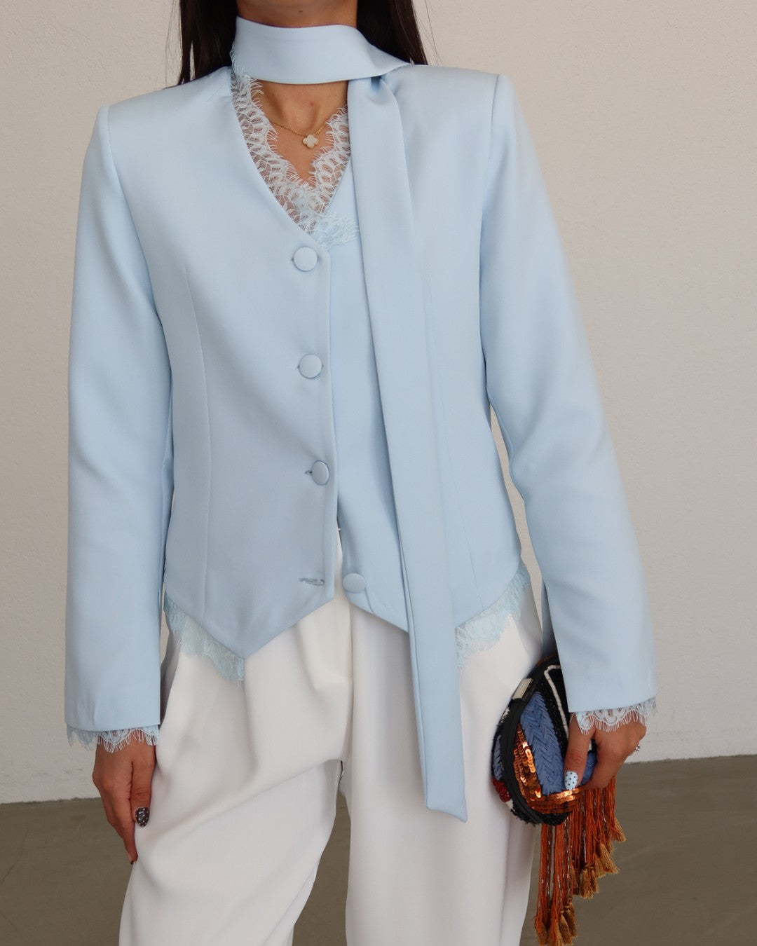 Lace Detail Structured Blazer + Belt