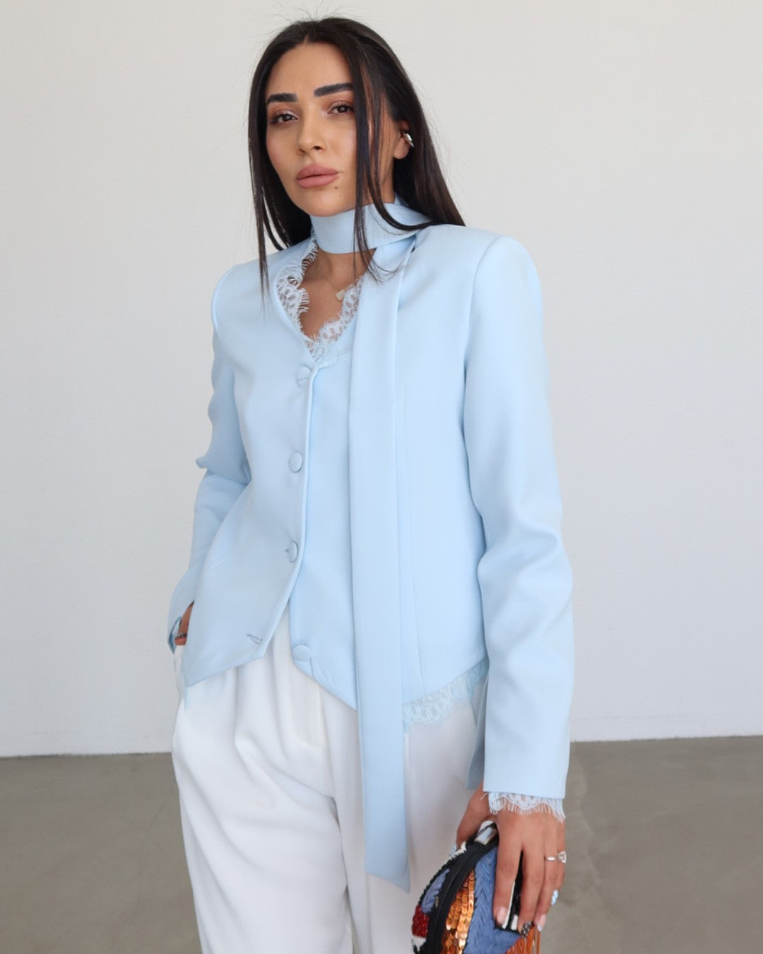 Lace Detail Structured Blazer + Belt