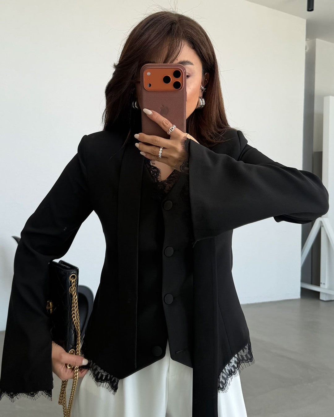 Lace Detail Structured Blazer + Belt