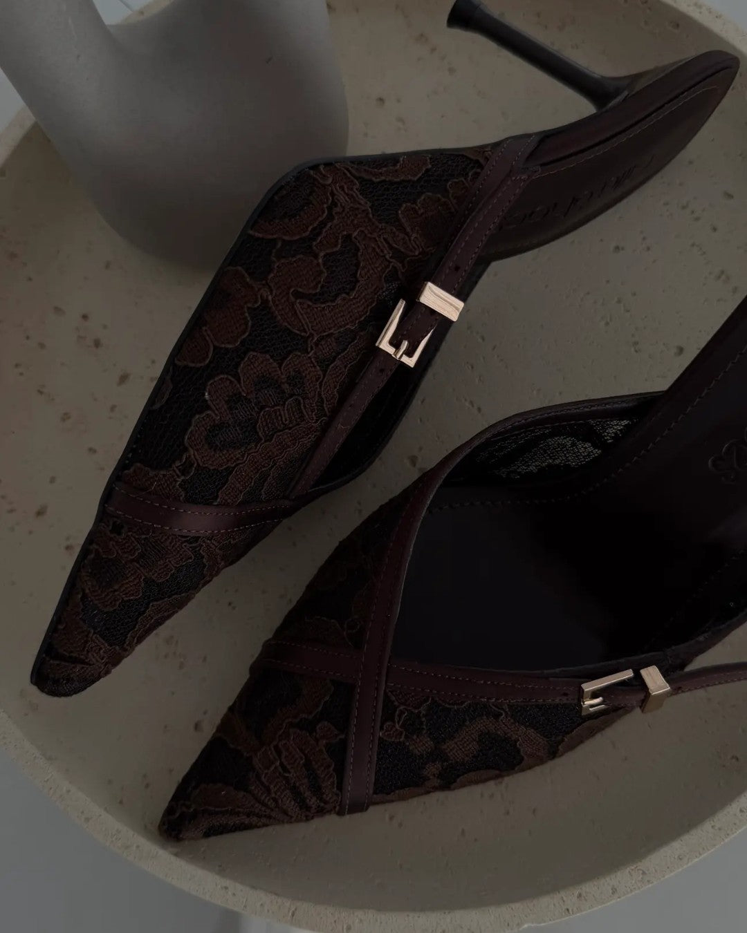 Lace Pointed Mule Heels