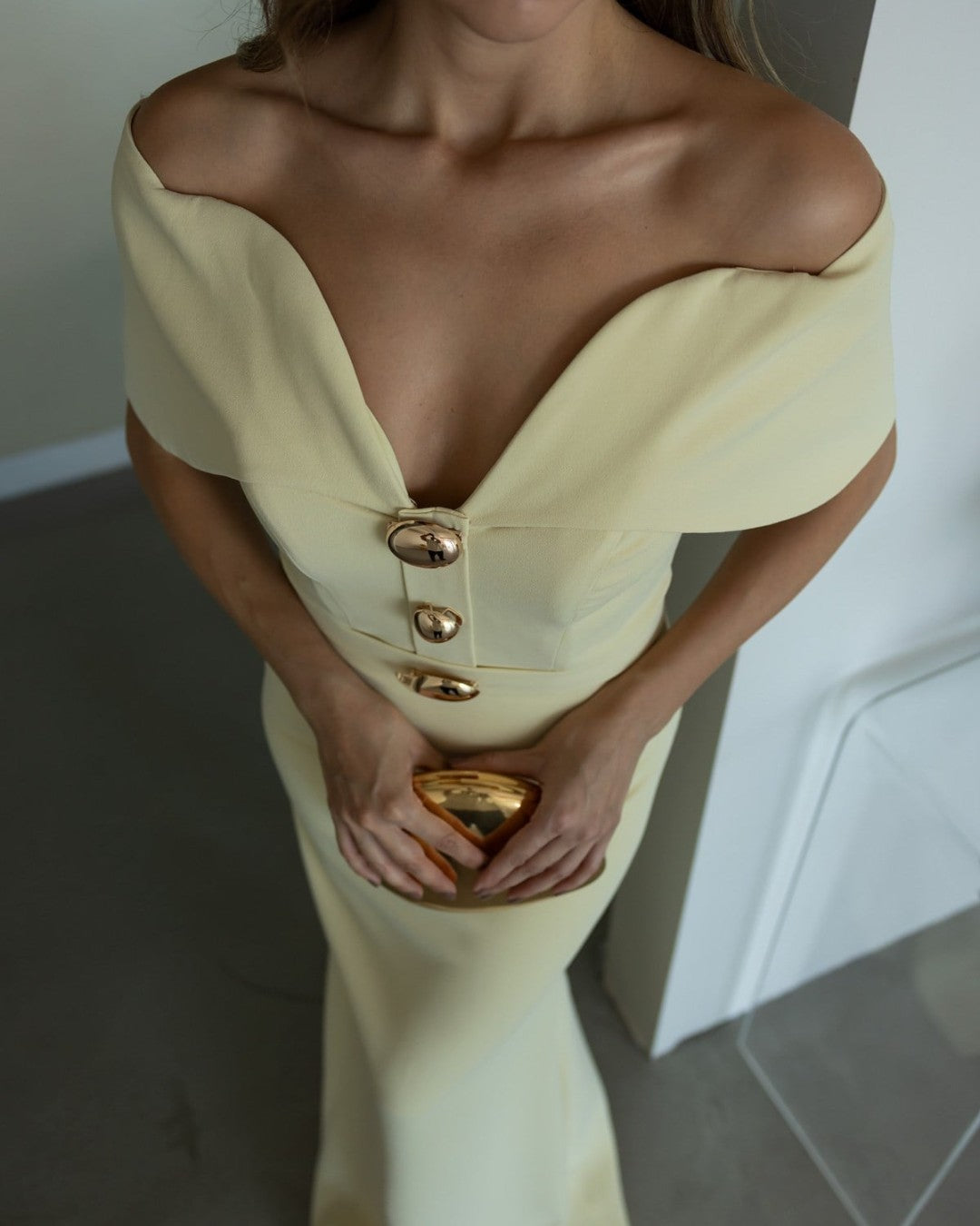 Off-Shoulder Golden Dress