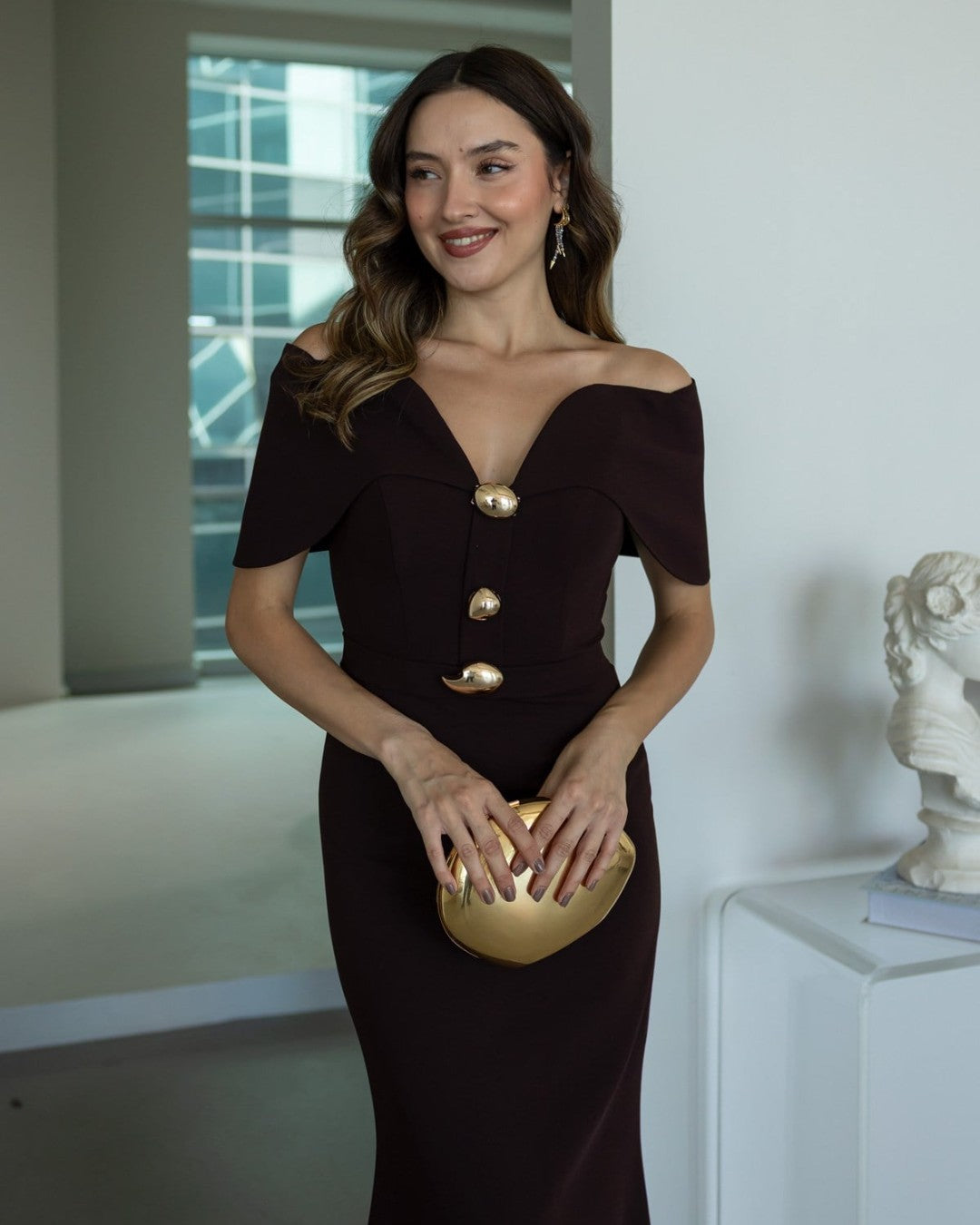 Off-Shoulder Golden Dress