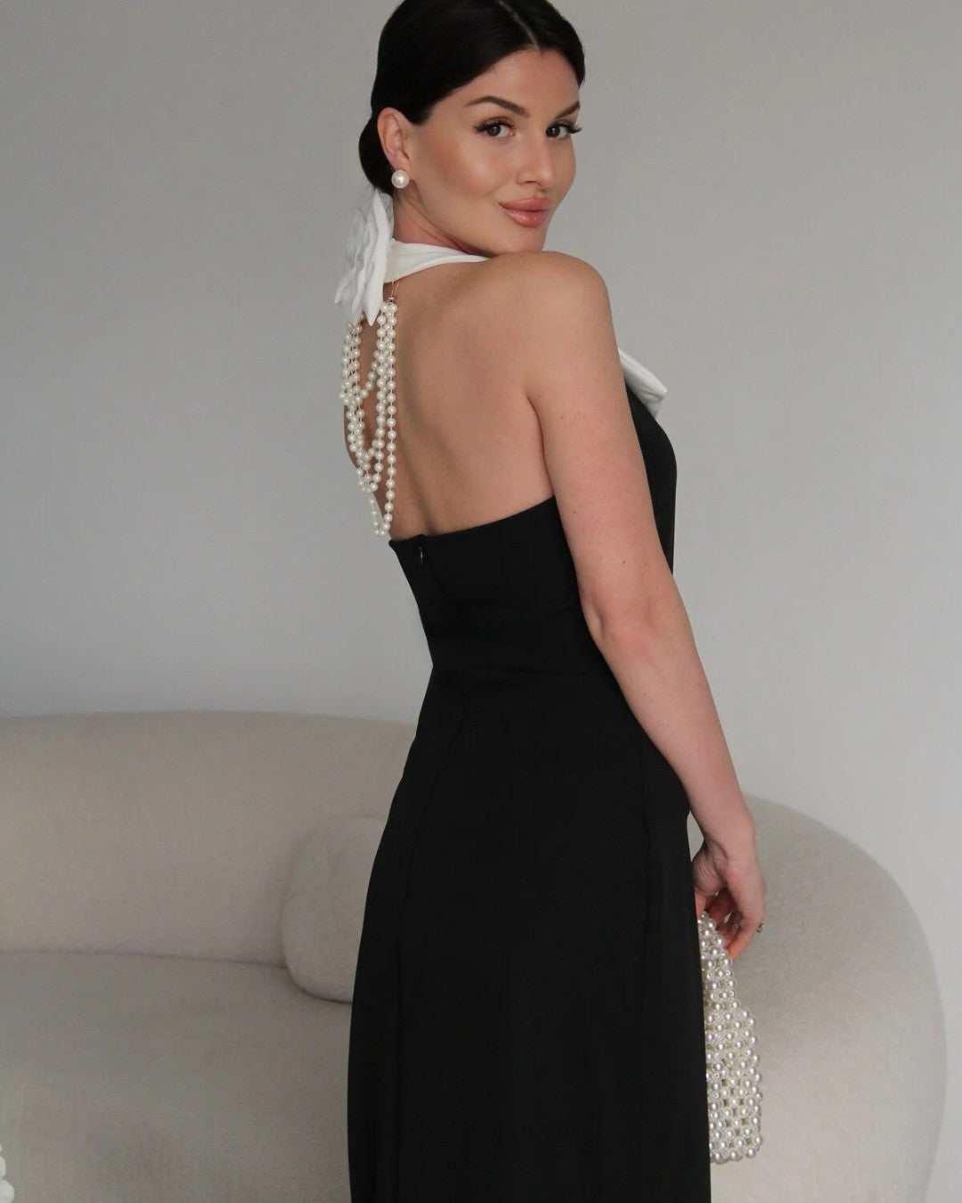 Pearl Detail Halter Dress