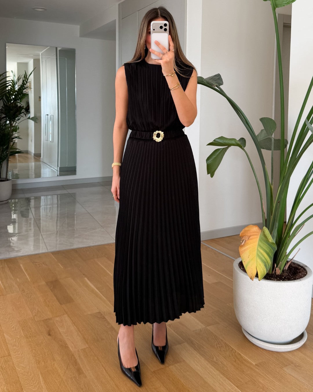 Pleated Belted Midi Dress + Belt