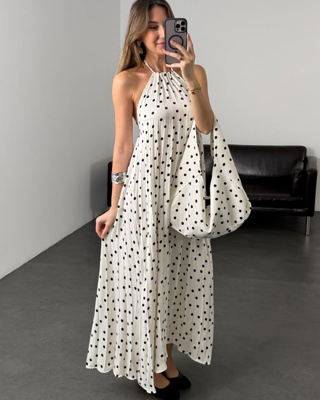 Polka Halter Maxi Dress with Matching Bag