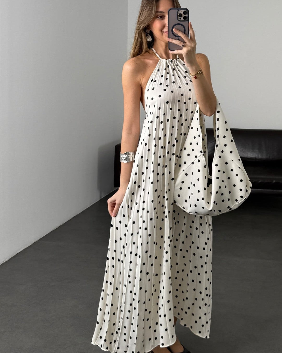 Polka Halter Maxi Dress with Matching Bag