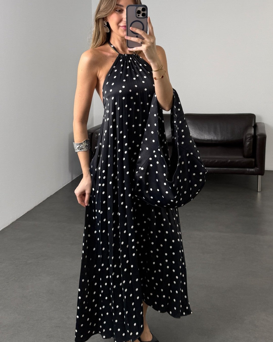 Polka Halter Maxi Dress with Matching Bag
