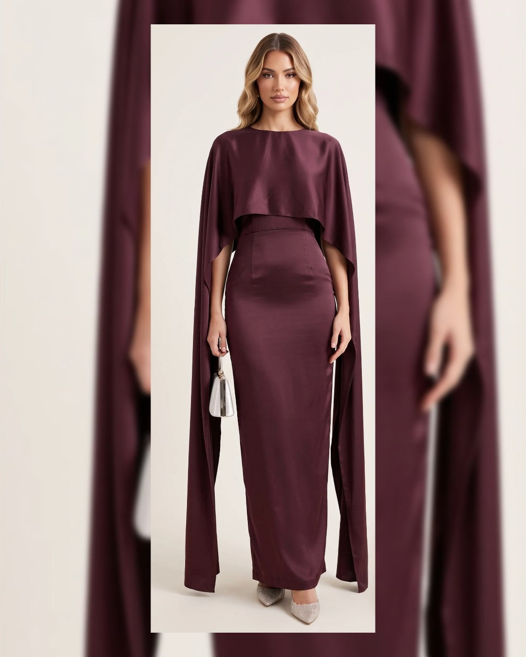 Satin Cape Evening Maxi Dress