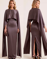 Satin Cape Evening Maxi Dress
