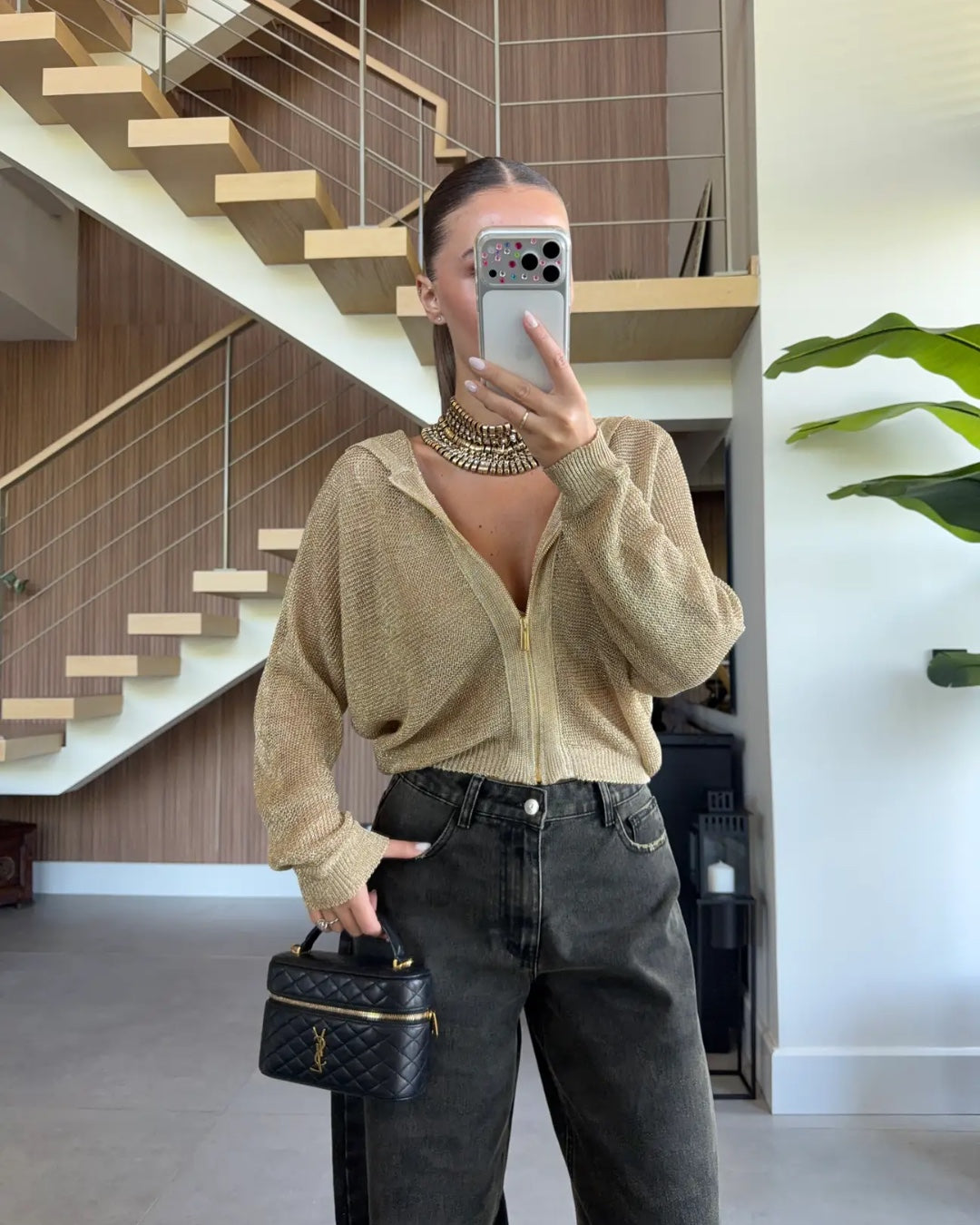 Sheer Gold Knit Zip Hoodie