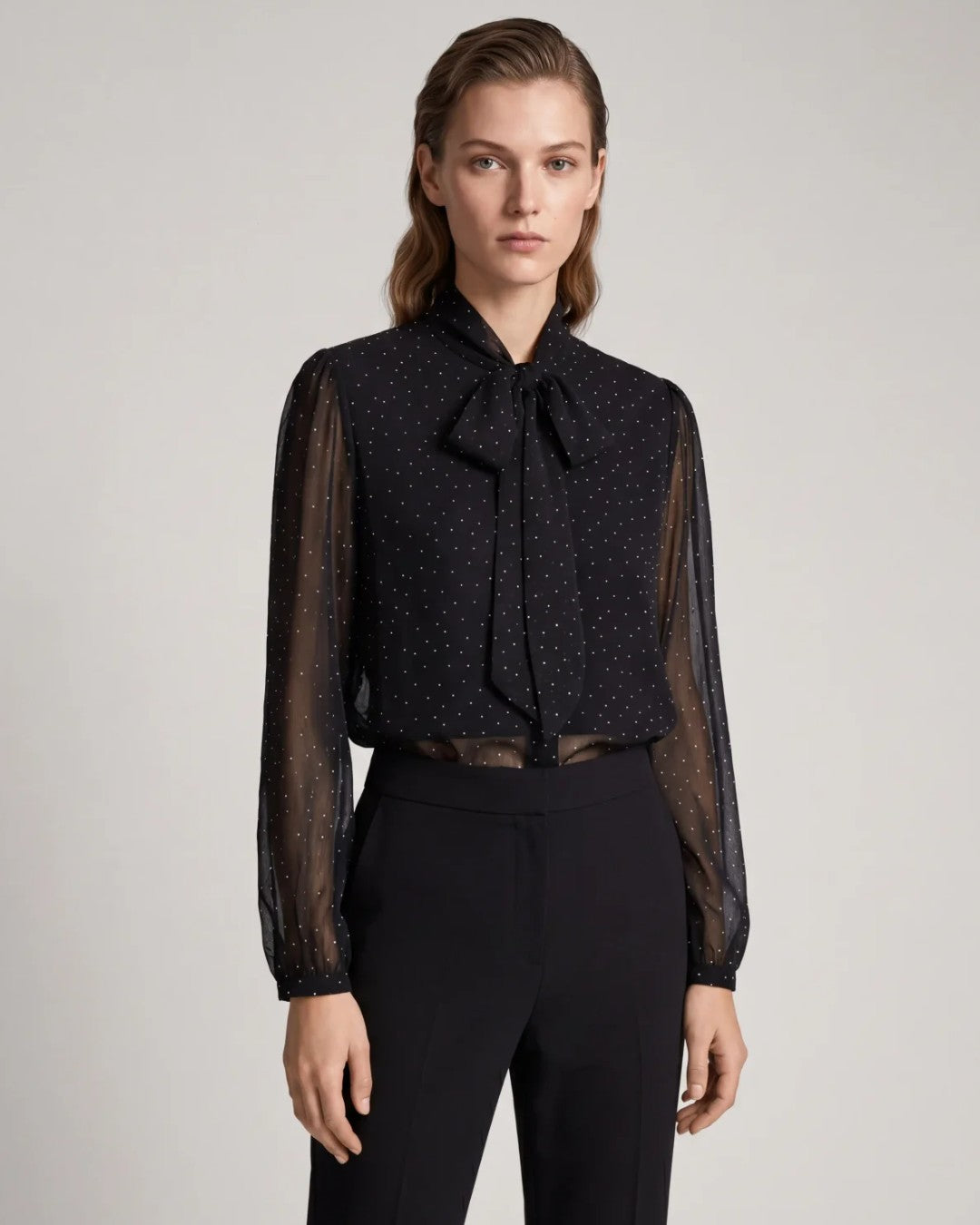 Sheer Polka Dot Tie-Neck Blouse