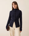 Asymmetric Button-Front Ruched Knit - Navy - front view