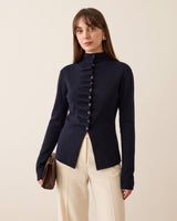 Asymmetric Button-Front Ruched Knit - Navy - front view
