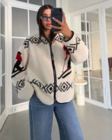 Aztec Ski Print Teddy Fleece Jacket - Off White - front view