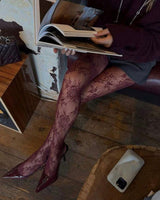 Burgundy Lace Tights - Burgundy - three-quarter view