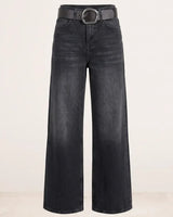 Charcoal Wide Leg Denim + Belt - Black - front view