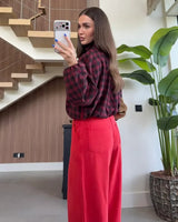 Check Balloon-Sleeve Jacket - Burgundy - three-quarter view
