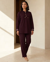 Check-Cuff Hooded Two Piece Set - Burgundy - front view
