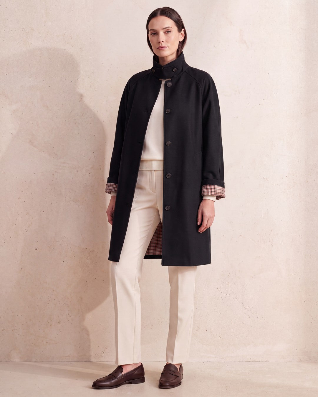 Check Sleeve Trench Jacket - Black - front view