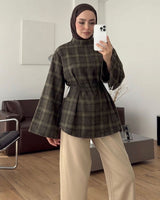 Cinched-Waist Plaid Shirt - Zeti - front view