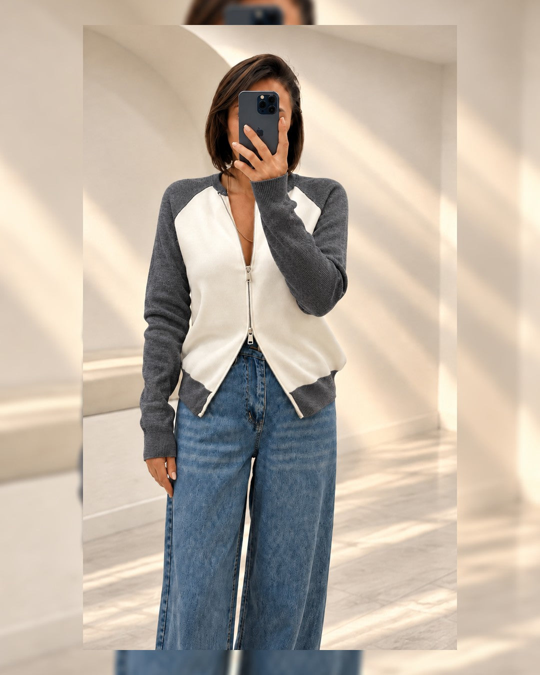 Colorblock Zip Cardigan - Grey - front view
