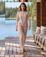 Cozy Henley Soft Knit Pajama Set - Beige - front view