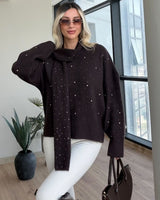 Crystal Knit Sweater & Scarf Set - Brown - front view