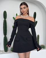 Off-Shoulder Blazer Mini Dress - Black - front view