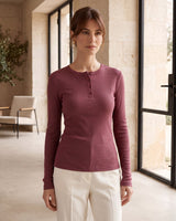 Fall Basic Buttoned Top - Burgundy - front view