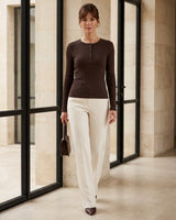 Fall Basic Buttoned Top - Brown - front view
