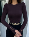 Fitted Knit Top with Button Cuffs - Purple - front view