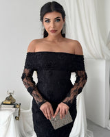 Floral Appliqué Lace Gown - Black - front view