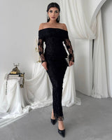 Floral Appliqué Lace Gown - Black - front view