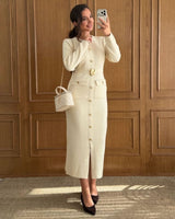 Gold Detail Fall Dress - Beige - front view