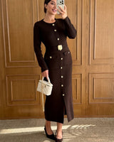 Gold Detail Fall Dress - Brown - front view