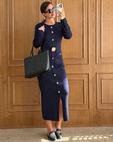 Gold Detail Fall Dress - Navy - front view
