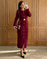 Gold Detail Fall Dress - Burgundy - front view