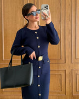 Gold Detail Fall Dress - Navy - front view