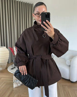 High Neck Must Have Trench + Belt - Brown - front view