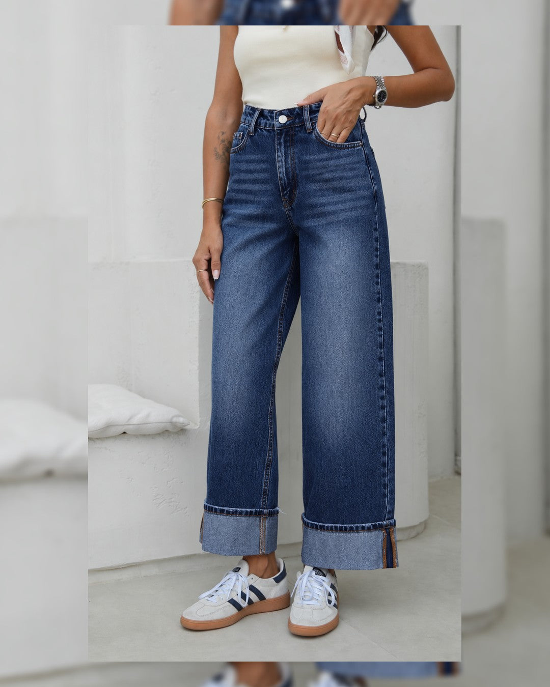 Dark Indigo Wash Denim + Belt - Denim - front view