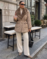 Latte Quilted Cinched Waist Winter Jacket - Beige - front view