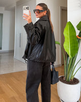 Leather-Look Oversized Jacket - Black - three-quarter view