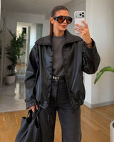 Leather-Look Oversized Jacket - Black - front view