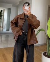 Leather-Look Oversized Jacket - Camel - front view