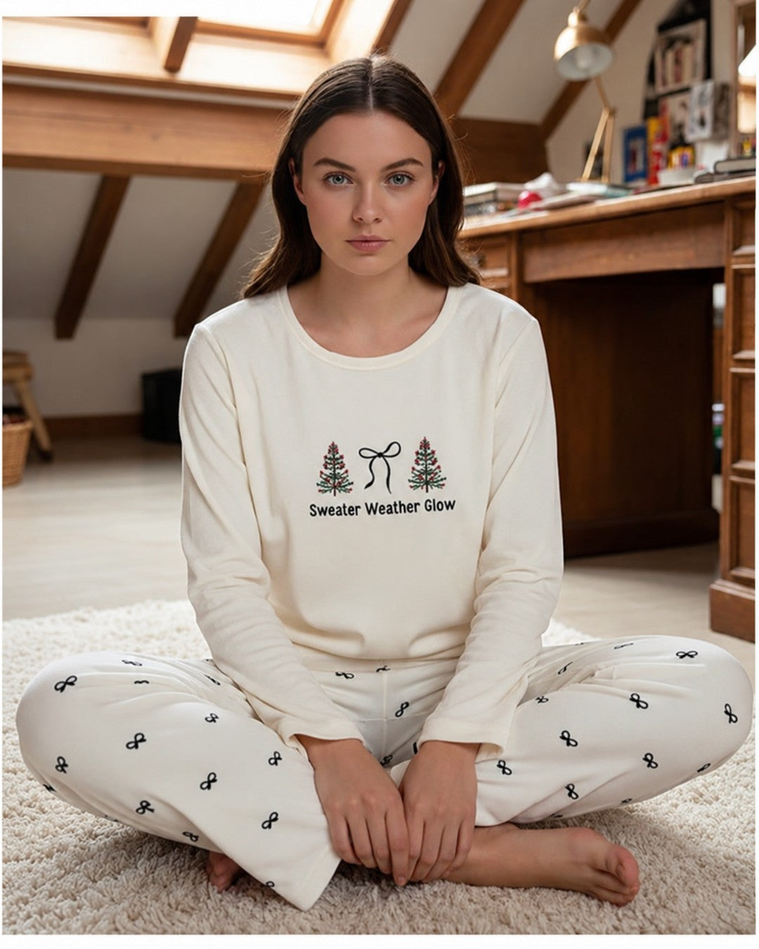 Merry & Bow Pyjama Set - White - front view