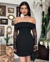 Mini Lace Sleeve Dress - Black - front view