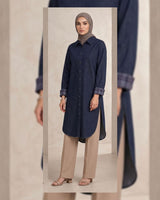 Modest Denim Shirt - Dark Denim - three-quarter view