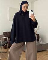 Oversized Long-Sleeve Polo Top - Black - front view