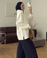 Oversized Long-Sleeve Polo Top - White - three-quarter view